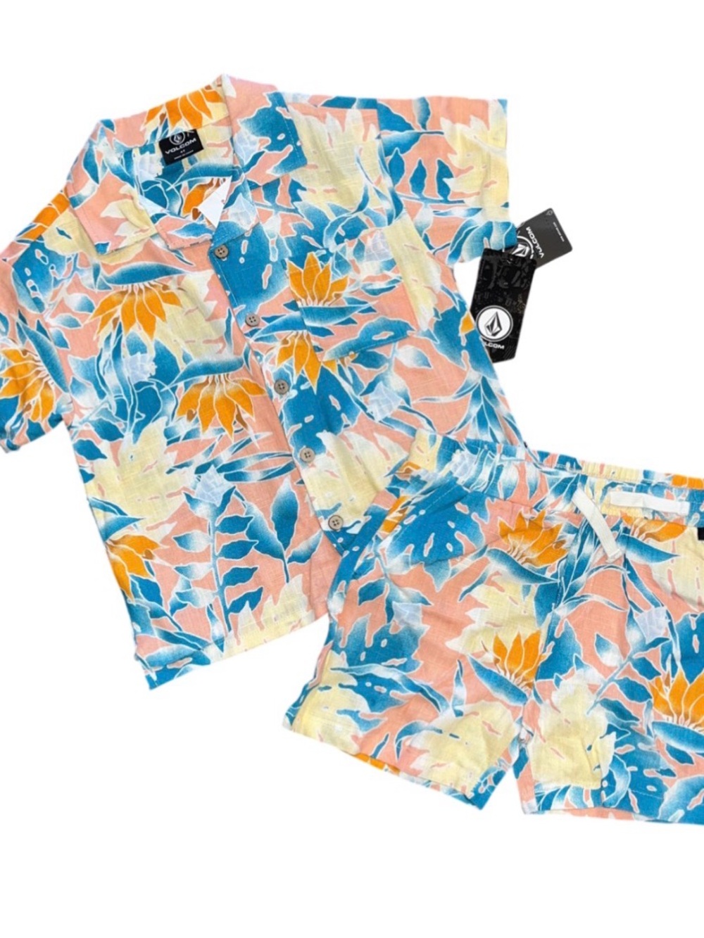 Volcom Pink Yellow Blue Palm Collar Button Shirt Shorts Set NWT 4T Linen